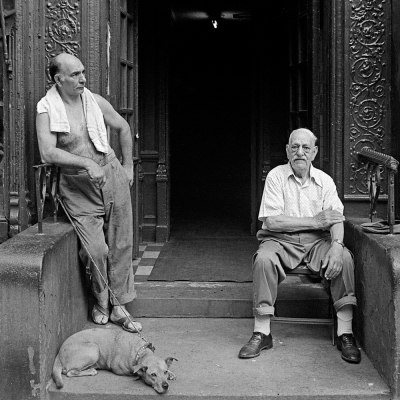 Two Men and a Dog Hanging Out